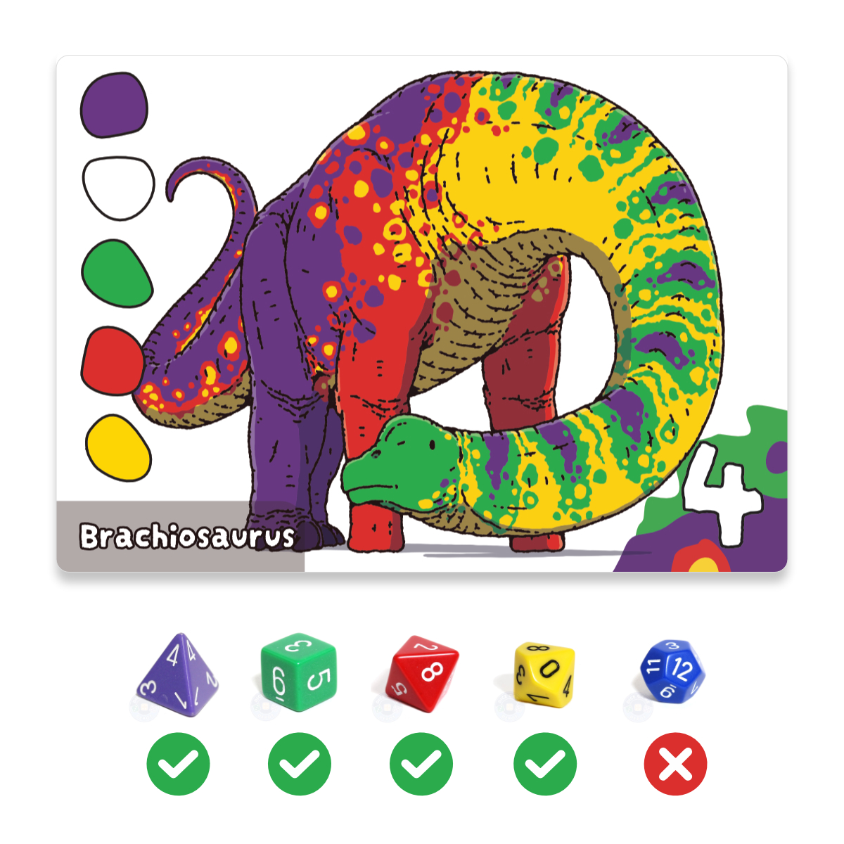 A Brachiosaurus card showing five colors beside five dice, four of which match